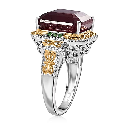 D'Joy Asscher Cut Premium Niassa Ruby (FF) and Tsavorite Garnet 21.50 ctw Ring in Vermeil YG and Rhodium Over Sterling Silver (Size 10.0)