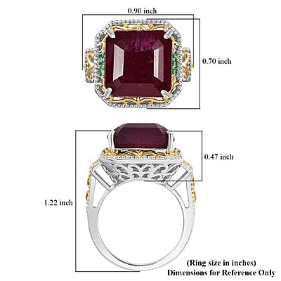 D'Joy Asscher Cut Premium Niassa Ruby (FF) and Tsavorite Garnet 21.50 ctw Ring in Vermeil YG and Rhodium Over Sterling Silver (Size 10.0)