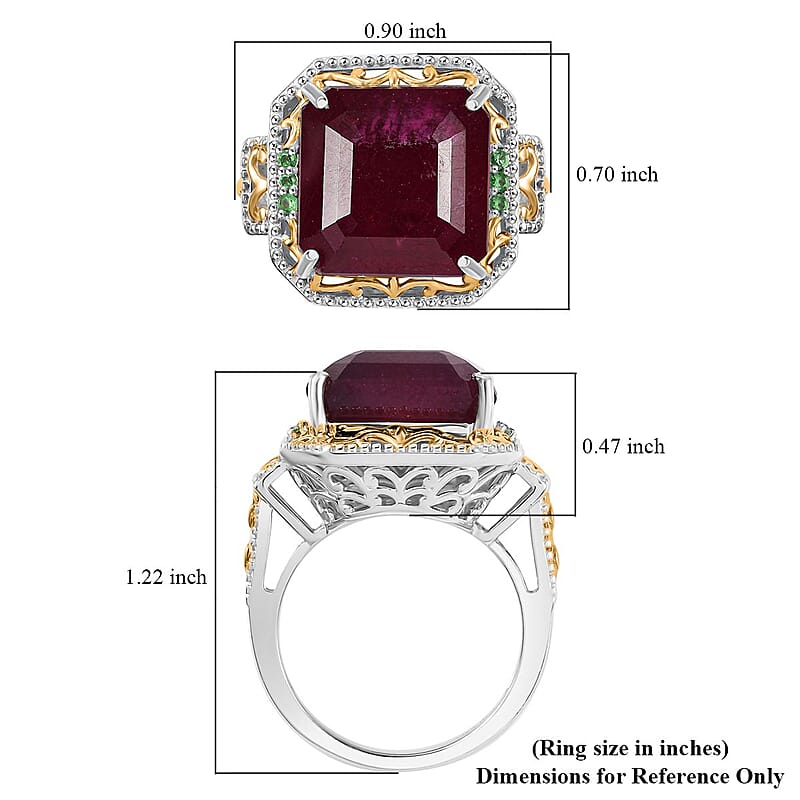 D'Joy Asscher Cut Premium Niassa Ruby (FF) and Tsavorite Garnet 21.50 ctw Ring in Vermeil YG and Rhodium Over Sterling Silver (Size 10.0)