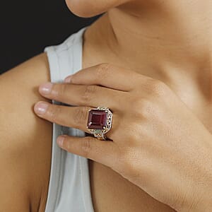 D'Joy Asscher Cut Premium Niassa Ruby (FF) and Tsavorite Garnet 21.50 ctw Ring in Vermeil YG and Rhodium Over Sterling Silver (Size 6.0)