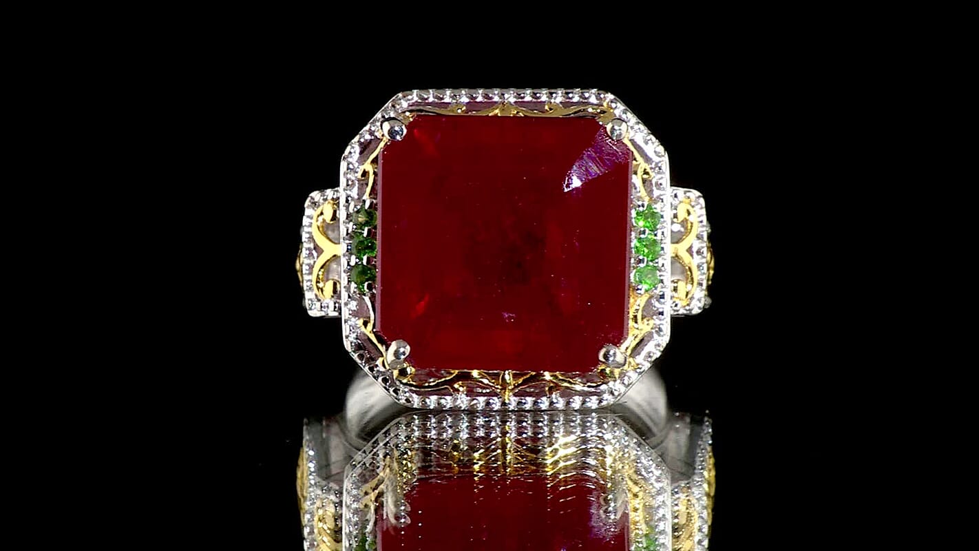 Doorbuster Asscher Cut Premium Niassa Ruby (FF) and Tsavorite Garnet 21.50 ctw Ring in Rhodium Over Sterling Silver