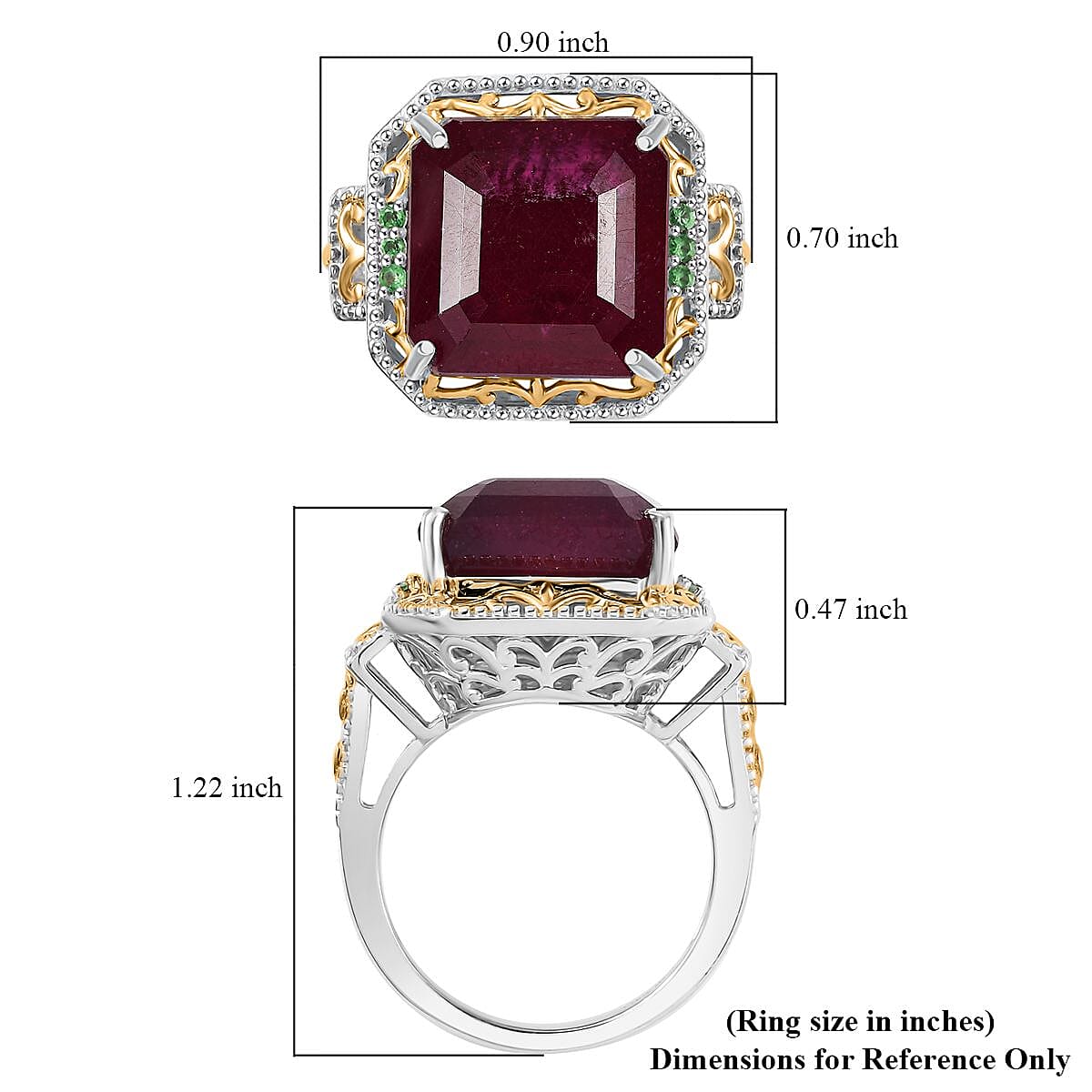 D'Joy Asscher Cut Premium Niassa Ruby (FF) and Tsavorite Garnet 21.50 ctw Ring in Vermeil YG and Rhodium Over Sterling Silver (Size 7.0)