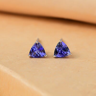 D'Joy Premium Tanzanite 1.35 ctw Solitaire Stud Earrings in Rhodium Over Sterling Silver