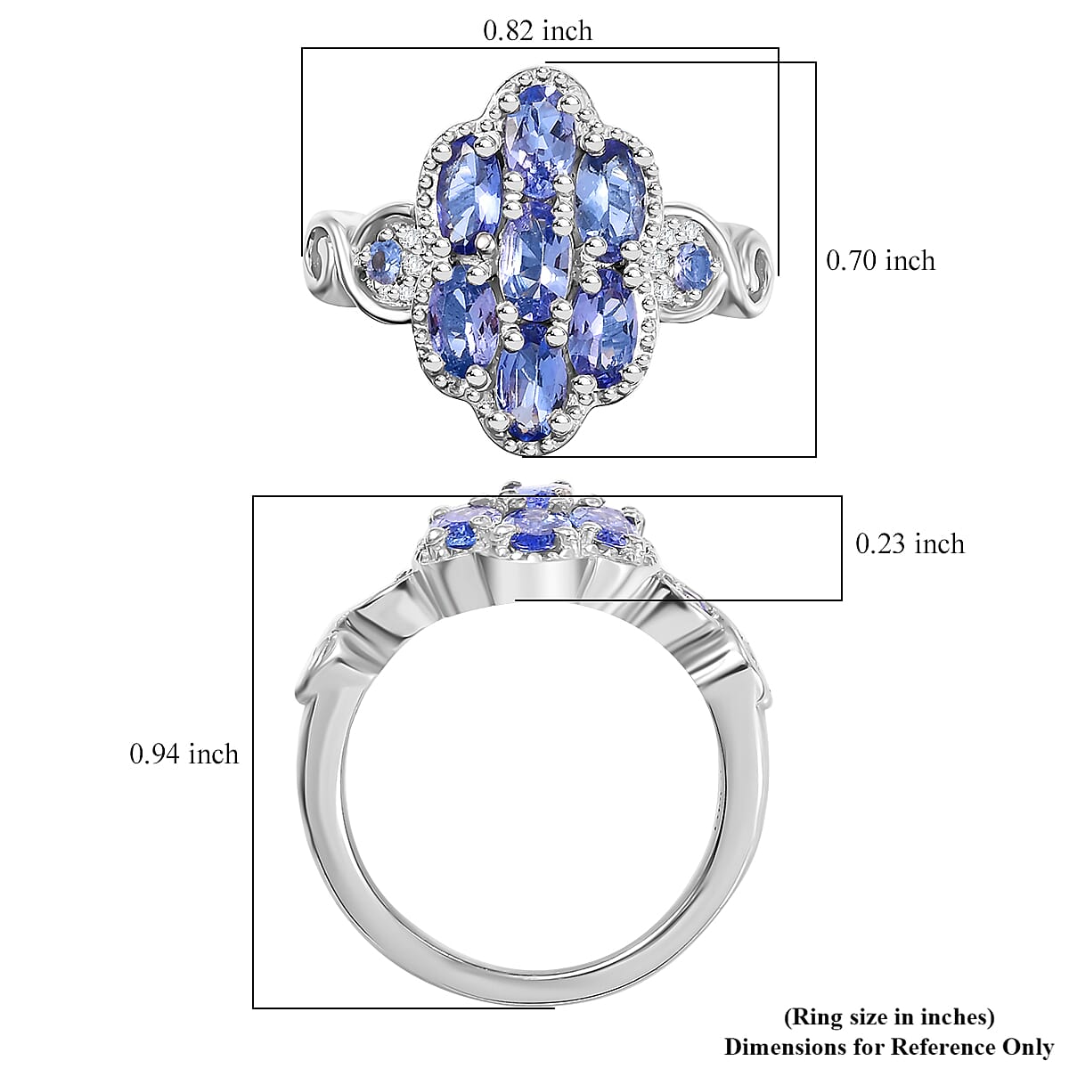 D'Joy Tanzanite and White Zircon 1.65 ctw Celestial Cluster Ring in Rhodium Over Sterling Silver (Size 10.0)