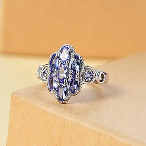D'Joy Tanzanite and White Zircon 1.65 ctw Celestial Cluster Ring in Rhodium Over Sterling Silver (Size 6.0)