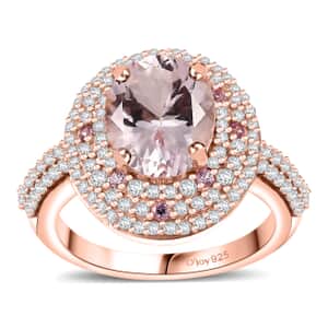 Pink Morganite and Multi Gemstone 3.50 ctw Double Halo Ring in 18K Vermeil Rose Gold Over Sterling Silver (Size 10.0)