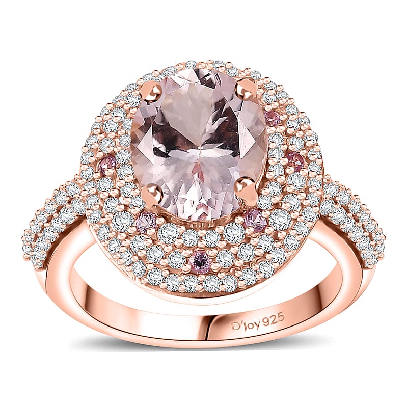 Pink Morganite and Multi Gemstone 3.50 ctw Double Halo Ring in 18K Vermeil Rose Gold Over Sterling Silver (Size 10.0)