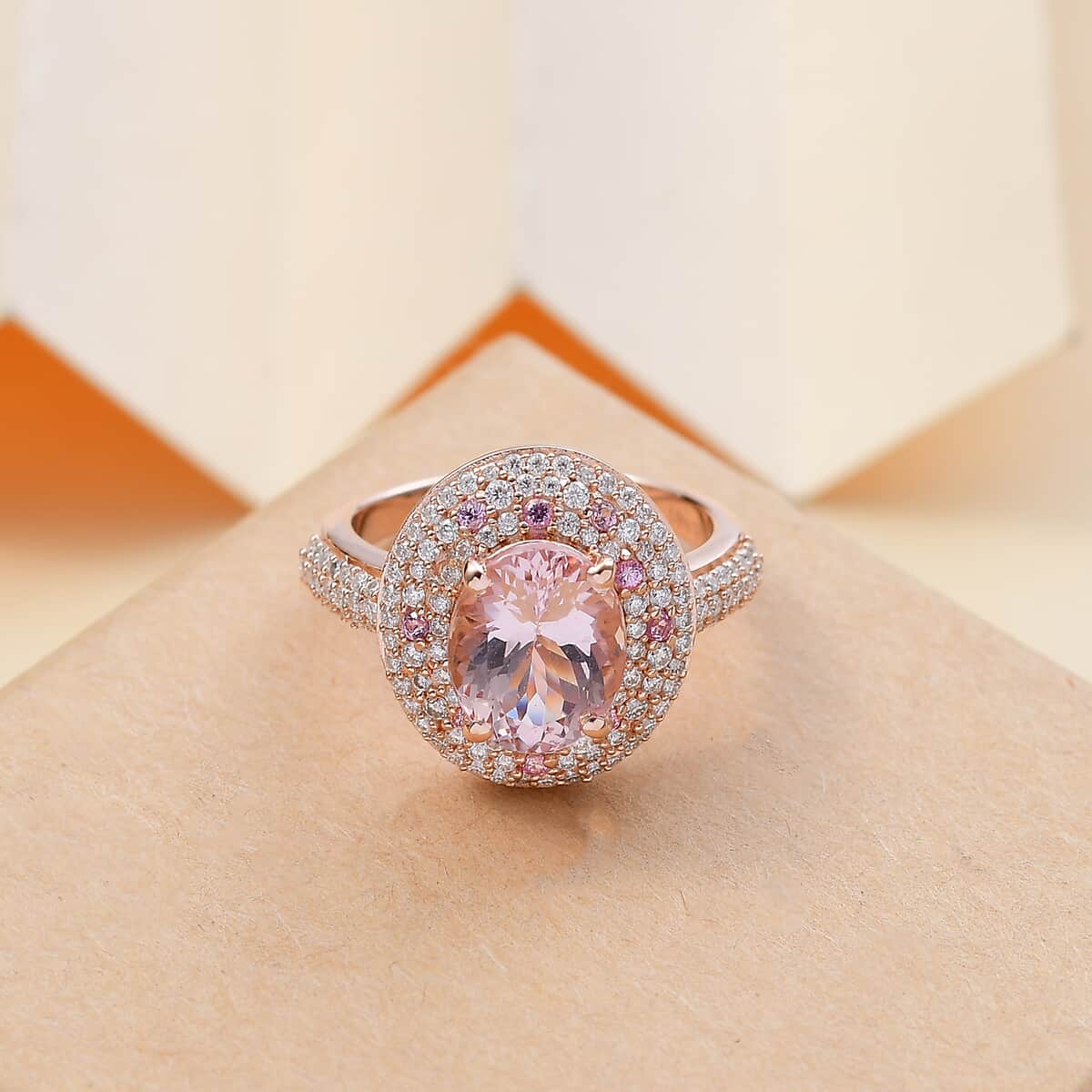 Pink Morganite and Multi Gemstone 3.50 ctw Double Halo Ring in 18K Vermeil Rose Gold Over Sterling Silver (Size 10.0) image number 1