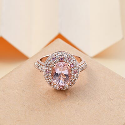 Pink Morganite and Multi Gemstone 3.50 ctw Double Halo Ring in 18K Vermeil Rose Gold Over Sterling Silver (Size 10.0)