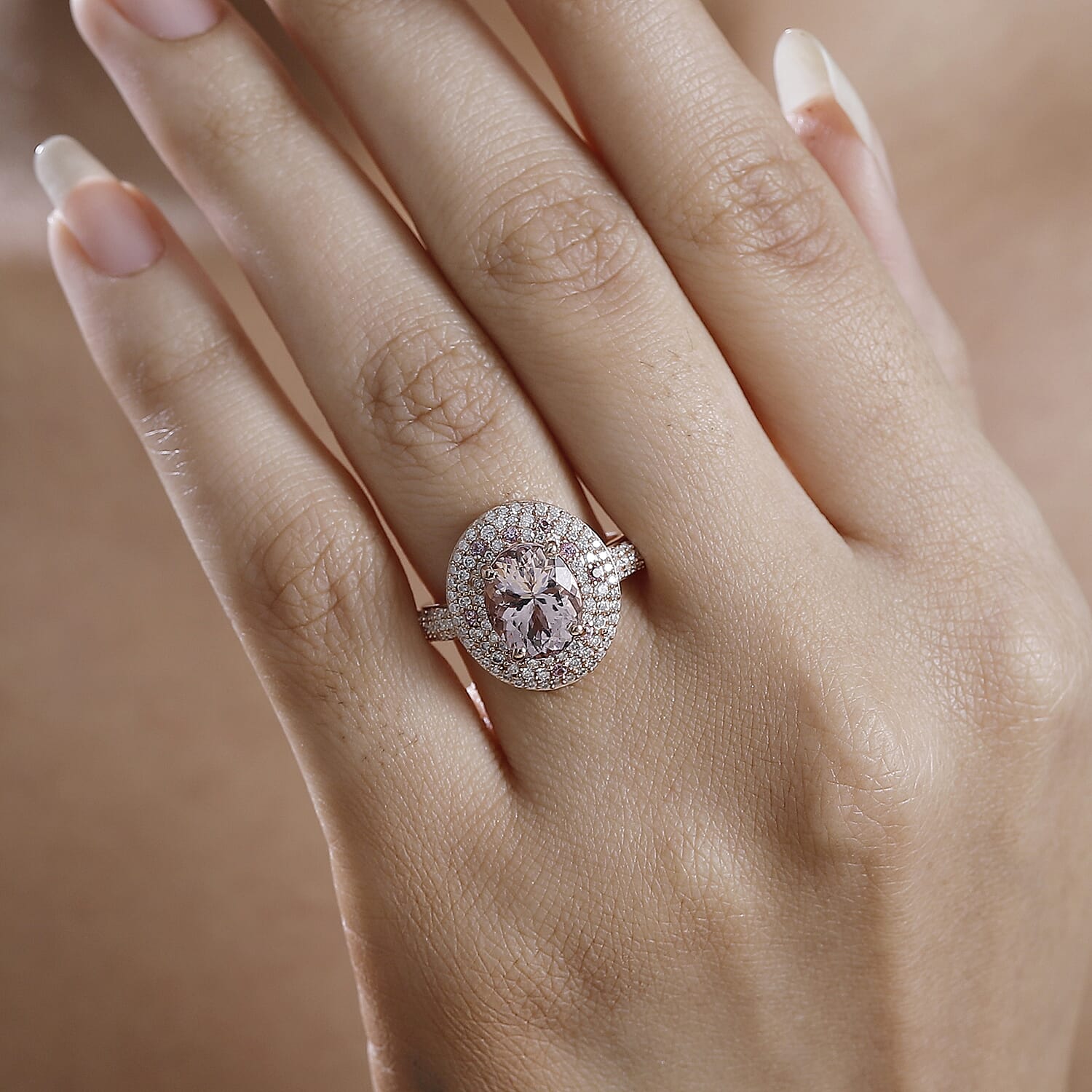 Pink Morganite and Multi Gemstone 3.50 ctw Double Halo Ring in 18K Vermeil Rose Gold Over Sterling Silver (Size 10.0)