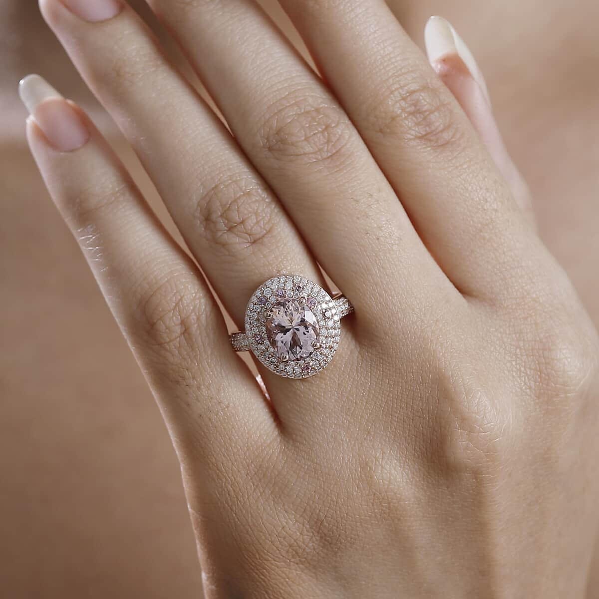 Pink Morganite and Multi Gemstone 3.50 ctw Double Halo Ring in 18K Vermeil Rose Gold Over Sterling Silver (Size 10.0) image number 2