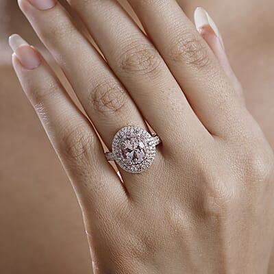 Pink Morganite and Multi Gemstone 3.50 ctw Double Halo Ring in 18K Vermeil Rose Gold Over Sterling Silver (Size 10.0)