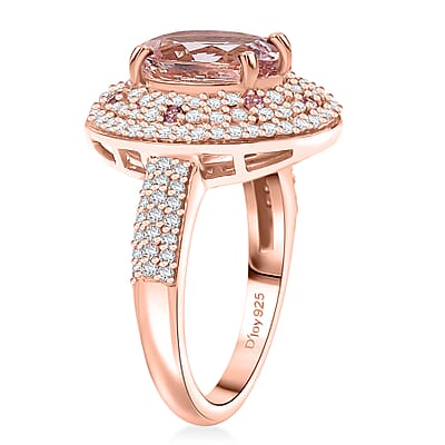 Pink Morganite and Multi Gemstone 3.50 ctw Double Halo Ring in 18K Vermeil Rose Gold Over Sterling Silver (Size 10.0)