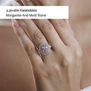 Pink Morganite and Multi Gemstone 3.50 ctw Double Halo Ring in 18K Vermeil Rose Gold Over Sterling Silver (Size 8.0)