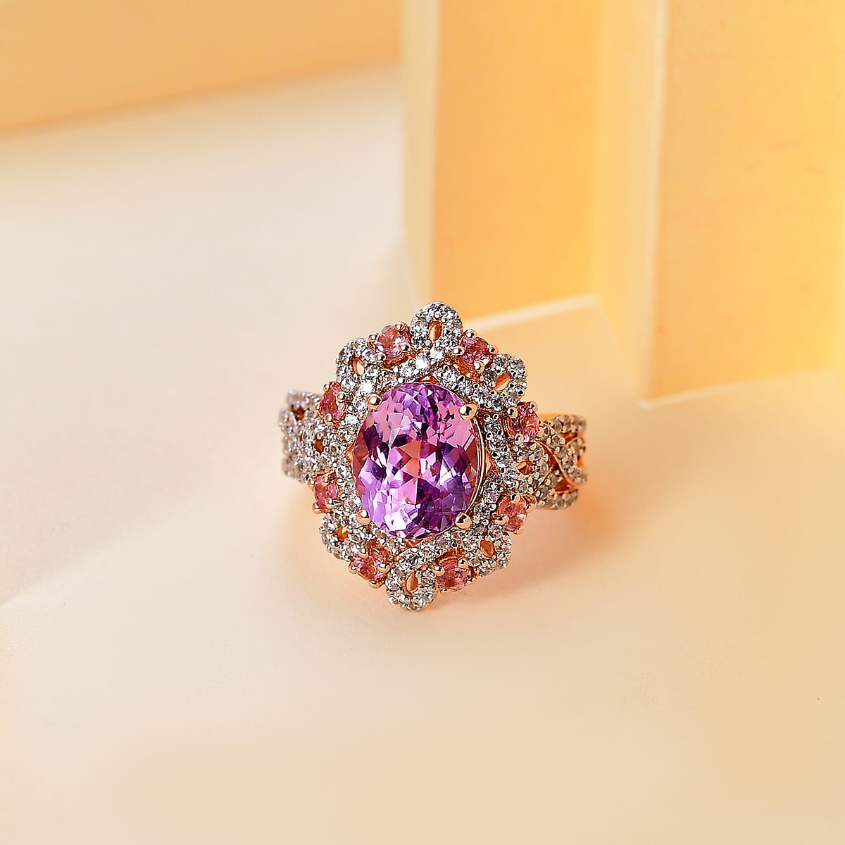 Patroke Kunzite and Multi Gemstone 6.40 ctw Enchanted Blossom Ring in 18K Vermeil Rose Gold Over Sterling Silver (Size 9.0) image number 1
