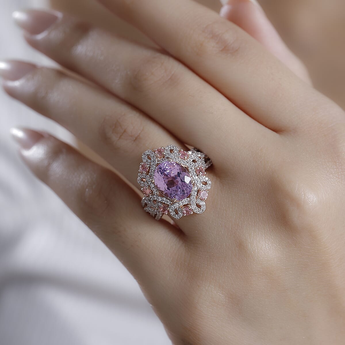Patroke Kunzite and Multi Gemstone 6.40 ctw Enchanted Blossom Ring in 18K Vermeil Rose Gold Over Sterling Silver (Size 9.0) image number 2