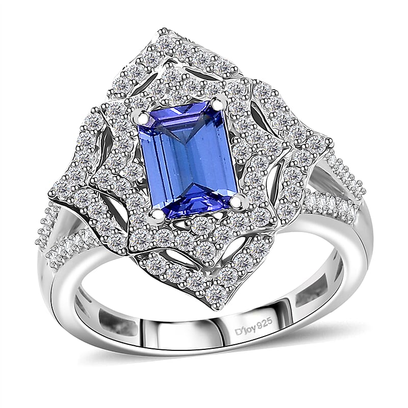 D'Joy Premium Tanzanite and White Zircon 1.90 ctw Art Deco Ring in Rhodium Over Sterling Silver (Size 10.0)