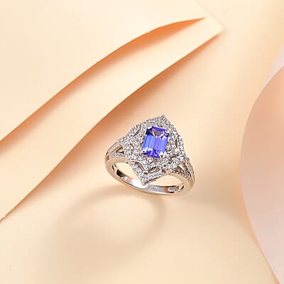 D'Joy Premium Tanzanite and White Zircon 1.90 ctw Art Deco Ring in Rhodium Over Sterling Silver (Size 10.0)
