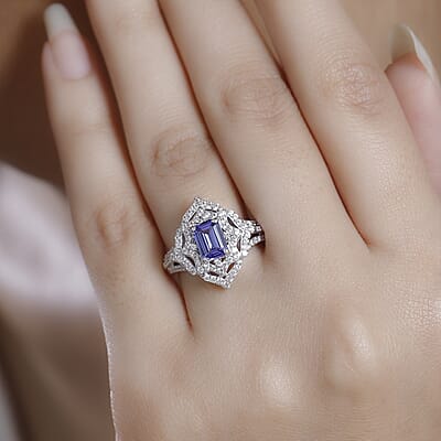 D'Joy Premium Tanzanite and White Zircon 1.90 ctw Art Deco Ring in Rhodium Over Sterling Silver (Size 10.0)