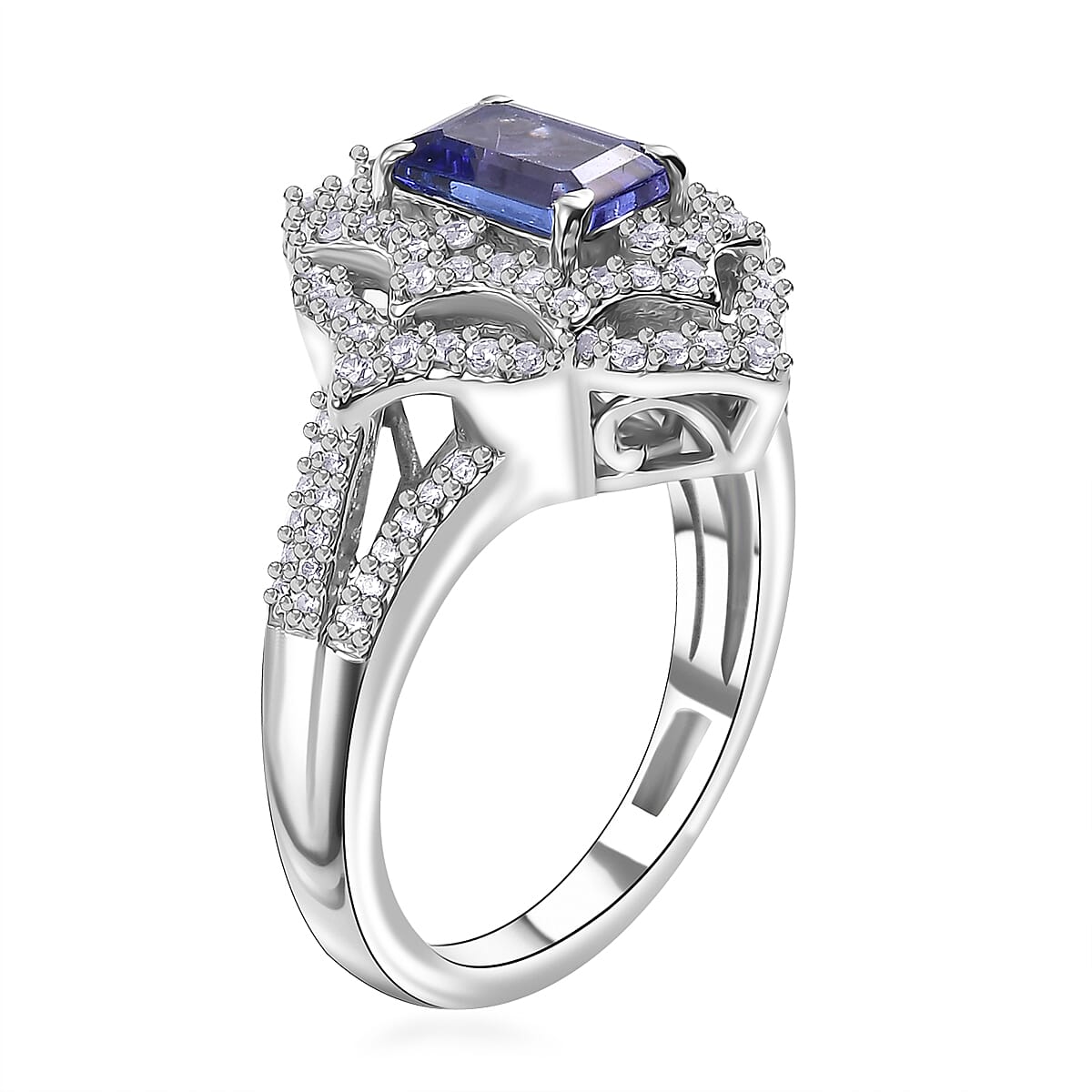 D'Joy Premium Tanzanite and White Zircon 1.90 ctw Art Deco Ring in Rhodium Over Sterling Silver (Size 10.0)