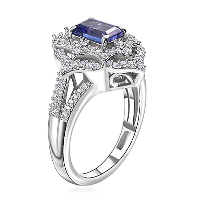D'Joy Premium Tanzanite and White Zircon 1.90 ctw Art Deco Ring in Rhodium Over Sterling Silver (Size 10.0)