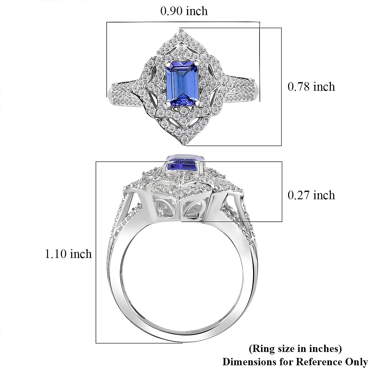 D'Joy Premium Tanzanite and White Zircon 1.90 ctw Art Deco Ring in Rhodium Over Sterling Silver (Size 10.0)