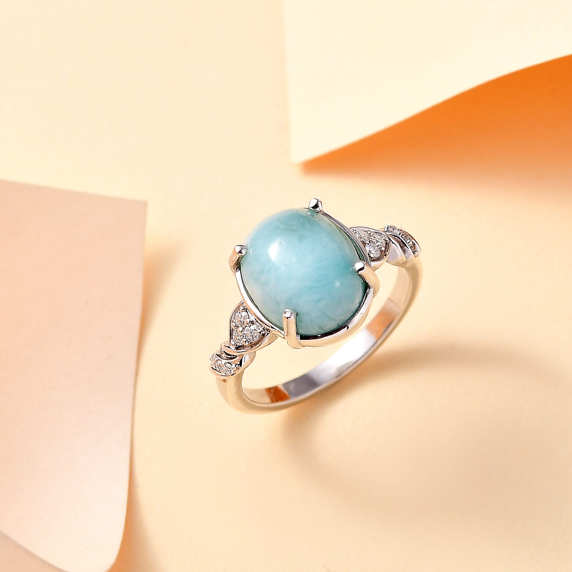 D'Joy Natural Green Larimar and Moissanite 6.00 ctw Ocean Wave Ring in Rhodium Over Sterling Silver (Size 10.0)