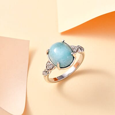 D'Joy Natural Green Larimar and Moissanite 6.00 ctw Ocean Wave Ring in Rhodium Over Sterling Silver (Size 10.0)