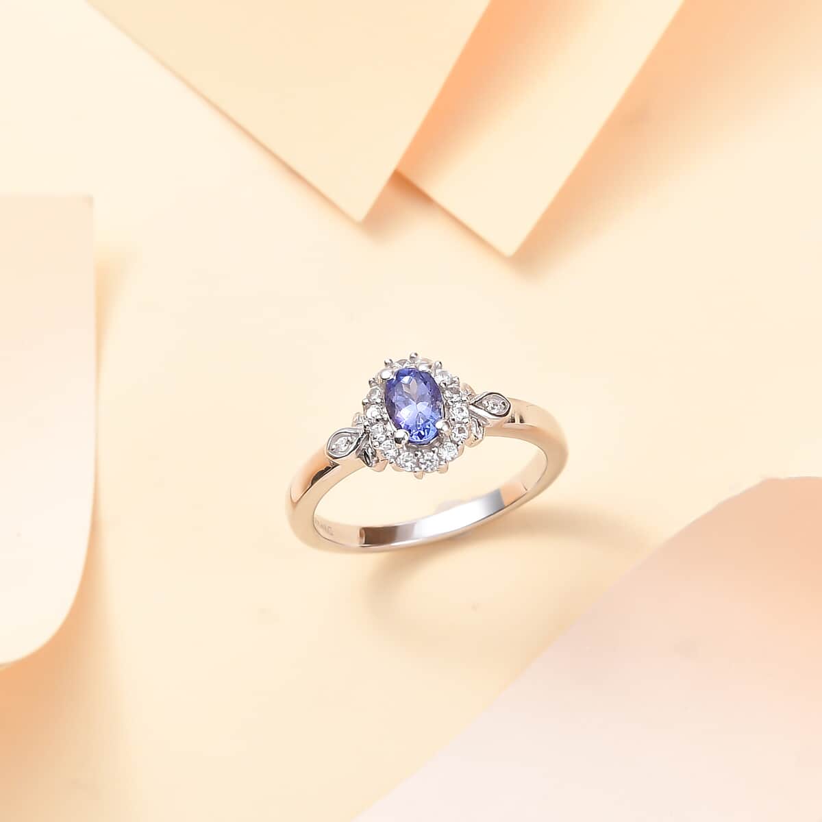 AAA Tanzanite and White Zircon 0.80 ctw Classic Halo Ring in Rhodium Over Sterling Silver (Size 10.0) image number 1