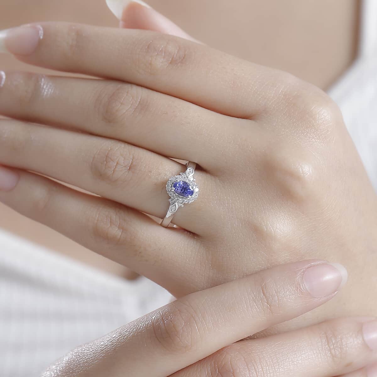 AAA Tanzanite and White Zircon 0.80 ctw Classic Halo Ring in Rhodium Over Sterling Silver (Size 10.0) image number 2