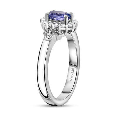 D'Joy AAA Tanzanite and White Zircon 0.80 ctw Classic Halo Ring in Rhodium Over Sterling Silver (Size 10.0)