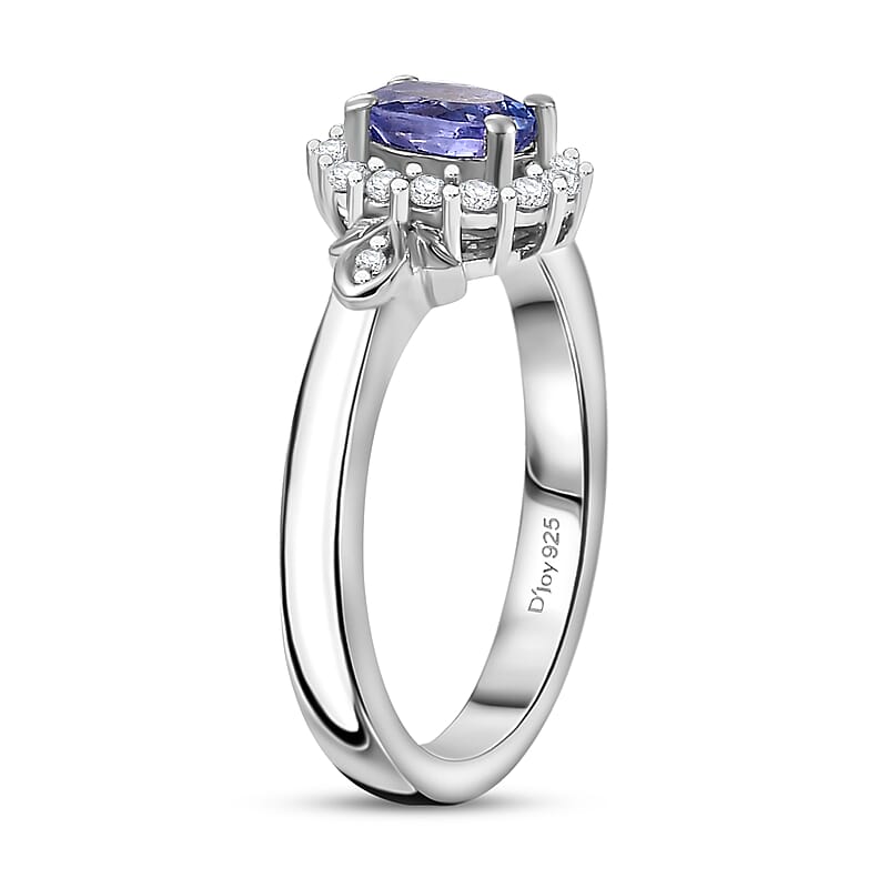 D'Joy AAA Tanzanite and White Zircon 0.80 ctw Classic Halo Ring in Rhodium Over Sterling Silver (Size 10.0)