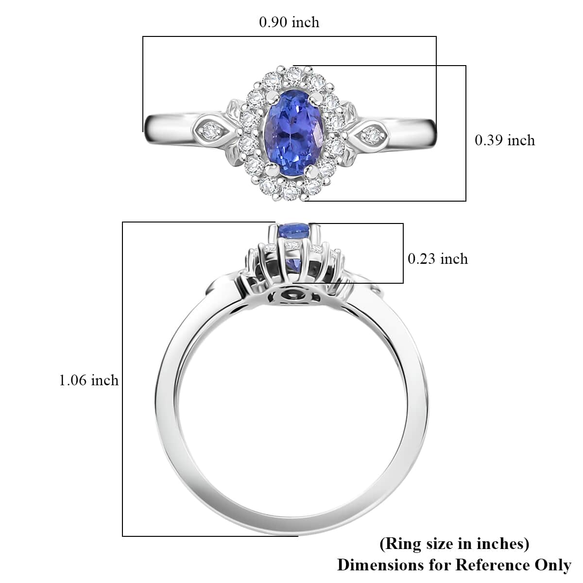 AAA Tanzanite and White Zircon 0.80 ctw Classic Halo Ring in Rhodium Over Sterling Silver (Size 10.0) image number 5