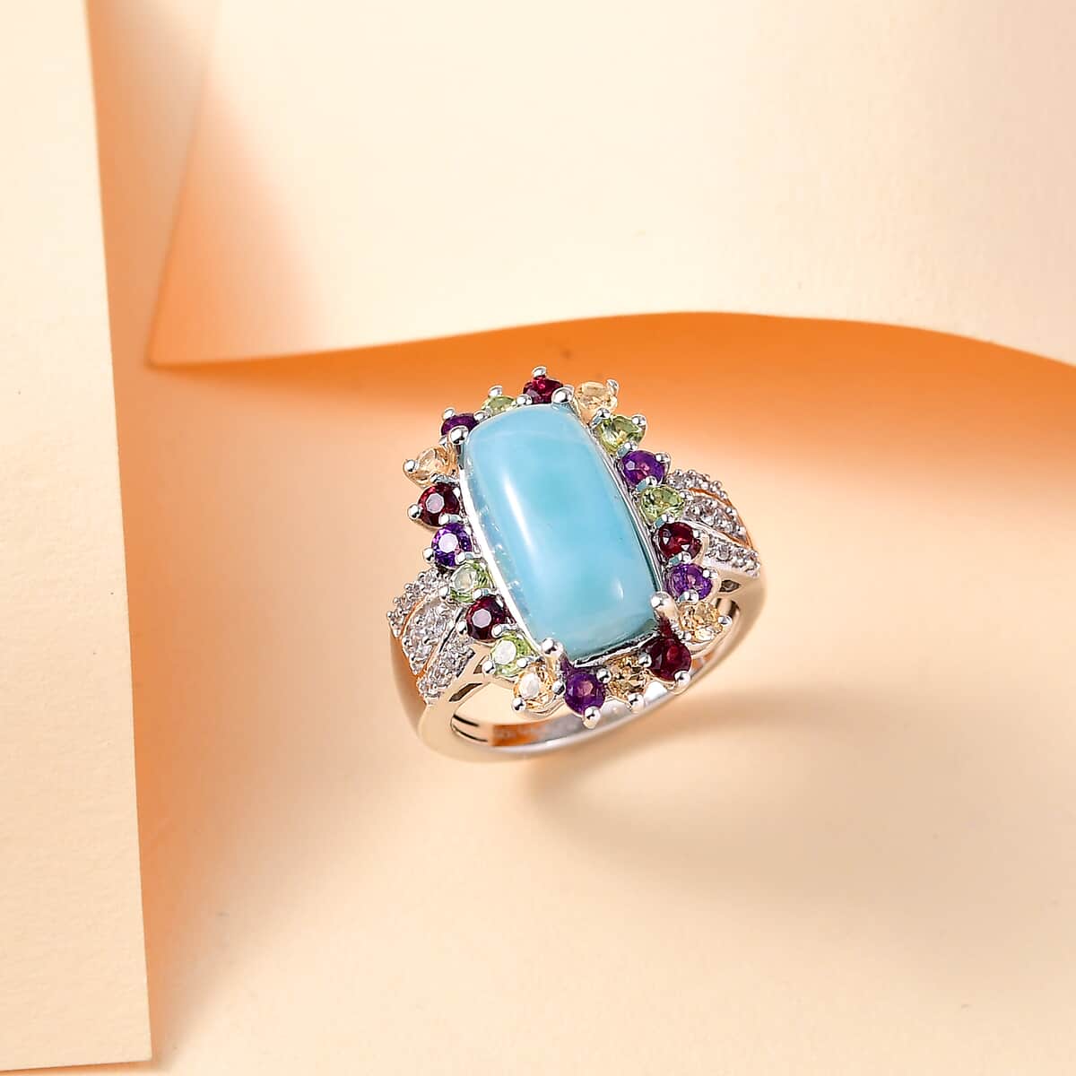 Natural Green Larimar and Multi Gemstone 6.00 ctw Sunlight Ring in Rhodium Over Sterling Silver (Size 10.0) image number 1