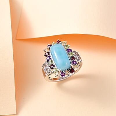 D'Joy Natural Green Larimar and Multi Gemstone 6.00 ctw Sunlight Ring in Rhodium Over Sterling Silver (Size 10.0)