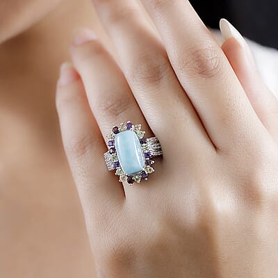 D'Joy Natural Green Larimar and Multi Gemstone 6.00 ctw Sunlight Ring in Rhodium Over Sterling Silver (Size 10.0)