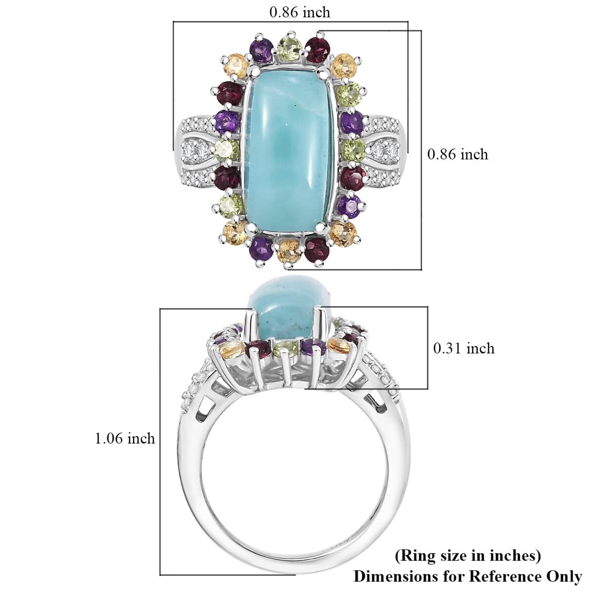 Natural Green Larimar and Multi Gemstone 6.00 ctw Sunlight Ring in Rhodium Over Sterling Silver (Size 10.0) image number 5