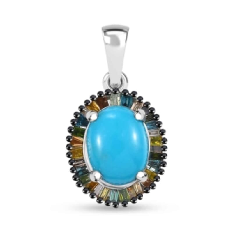 Sleeping Beauty Turquoise and Multi Gemstone 2.18 ctw Pendant in Rhodium Over Sterling Silver