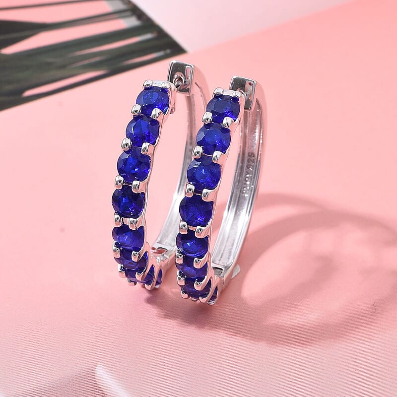 Premium Tanzanian Blue Spinel (DF) 5.25 ctw Hoop Earrings in Rhodium Over Sterling Silver