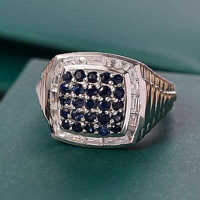 Ceylon Blue Sapphire White Zircon Elegant Men's Ring in Rhodium Over Sterling Silver Size 10.0 2.25 ctw