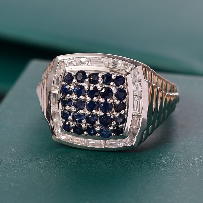 Ceylon Blue Sapphire, White Zircon Men's Ring in Rhodium Over Sterling Silver (Size 11.0) 2.25 ctw