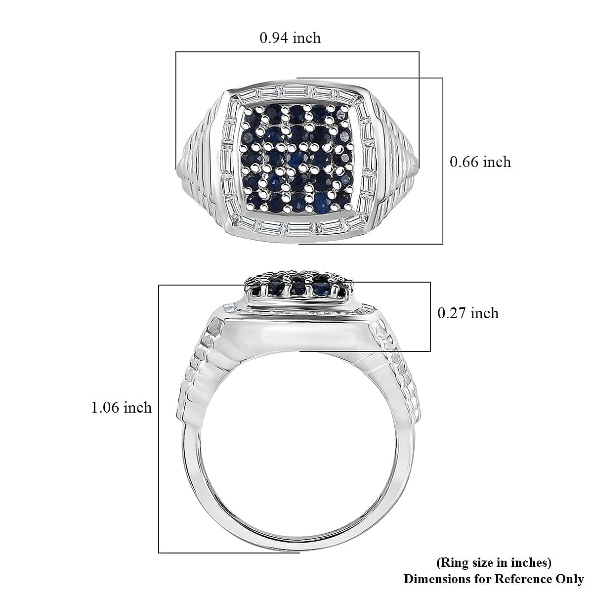 Ceylon Blue Sapphire, White Zircon Men's Ring in Rhodium Over Sterling Silver (Size 11.0) 2.25 ctw