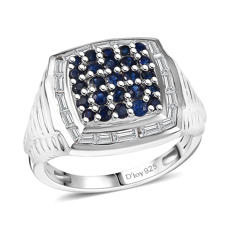D'Joy Ceylon Blue Sapphire and White Zircon 2.25 ctw Men's Ring in Rhodium Over Sterling Silver (Size 12.0)