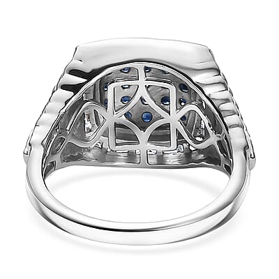 D'Joy Ceylon Blue Sapphire and White Zircon 2.25 ctw Men's Ring in Rhodium Over Sterling Silver (Size 12.0)
