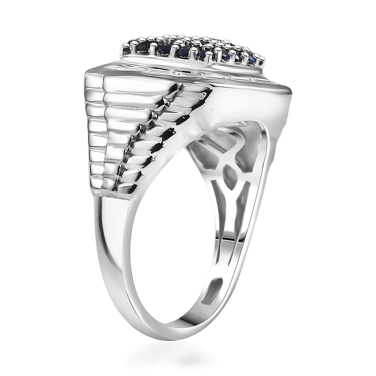 Ceylon Blue Sapphire and White Zircon 2.25 ctw Men's Ring in Rhodium Over Sterling Silver (Size 14.0) image number 3