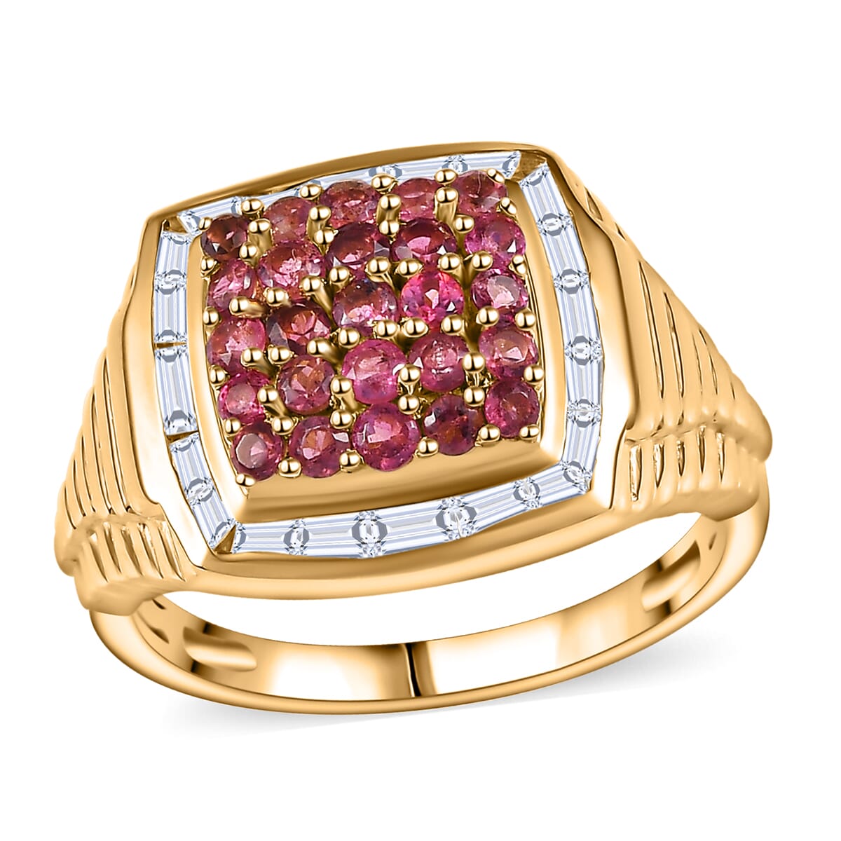 Ouro Fino Rubellite and White Zircon 2.50 ctw Men's Ring in 18K Vermeil Yellow Gold Over Sterling Silver (Size 12.0) image number 0