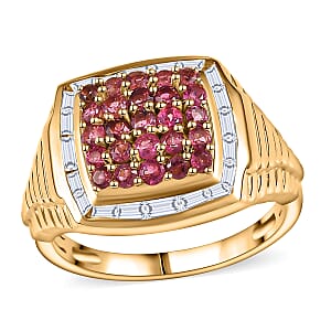 Ouro Fino Rubellite and White Zircon 2.50 ctw Men's Ring in 18K Vermeil Yellow Gold Over Sterling Silver (Size 12.0)