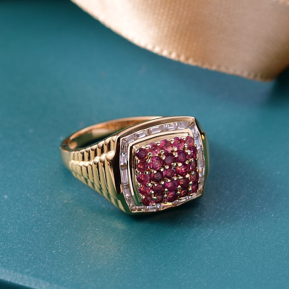 Ouro Fino Rubellite and White Zircon 2.50 ctw Men's Ring in 18K Vermeil Yellow Gold Over Sterling Silver (Size 12.0) image number 1