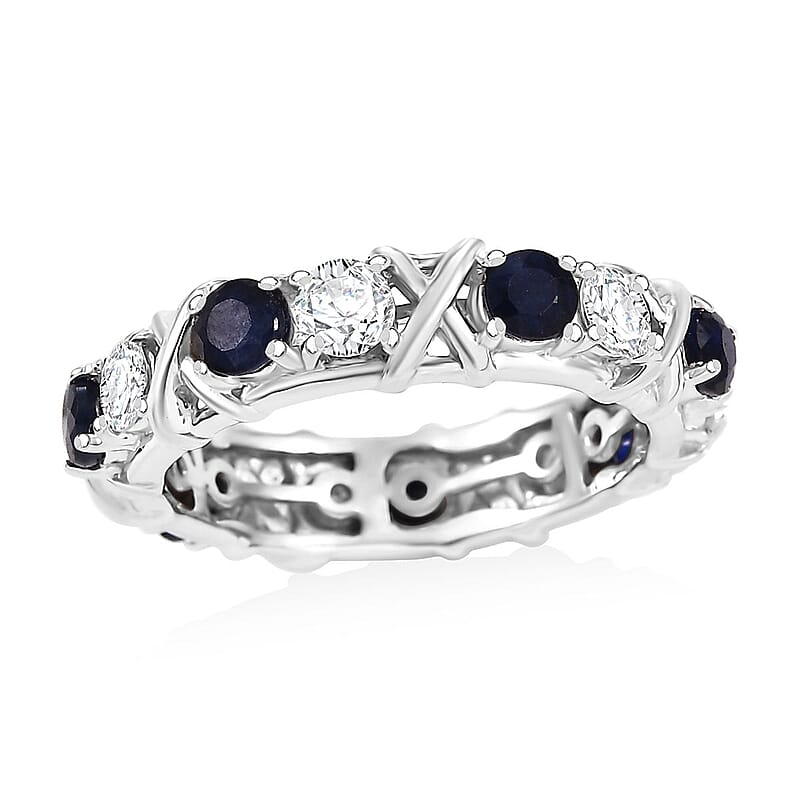 D'Joy Madagascar Blue Sapphire (DF) and Moissanite 2.10 ctw Ring in Rhodium Over Sterling Silver (Size 10.0)