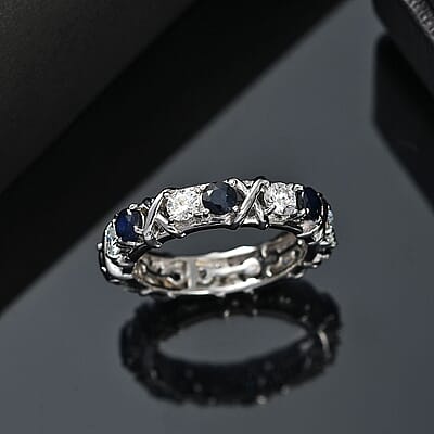 D'Joy Madagascar Blue Sapphire (DF) and Moissanite 2.10 ctw Ring in Rhodium Over Sterling Silver (Size 10.0)